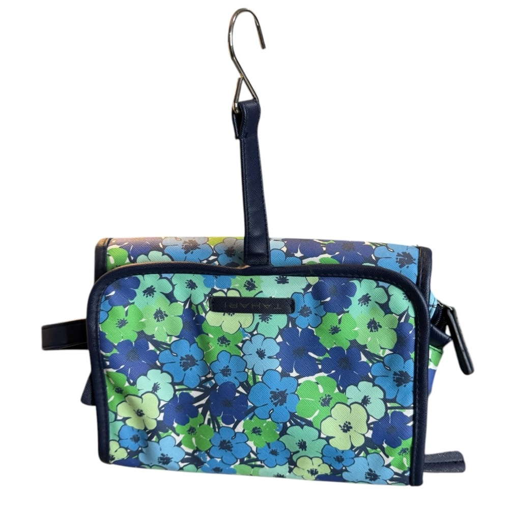 Tahari Vibrant Faux Leather Floral Blue and Green Large Cosmetic Travel Bag